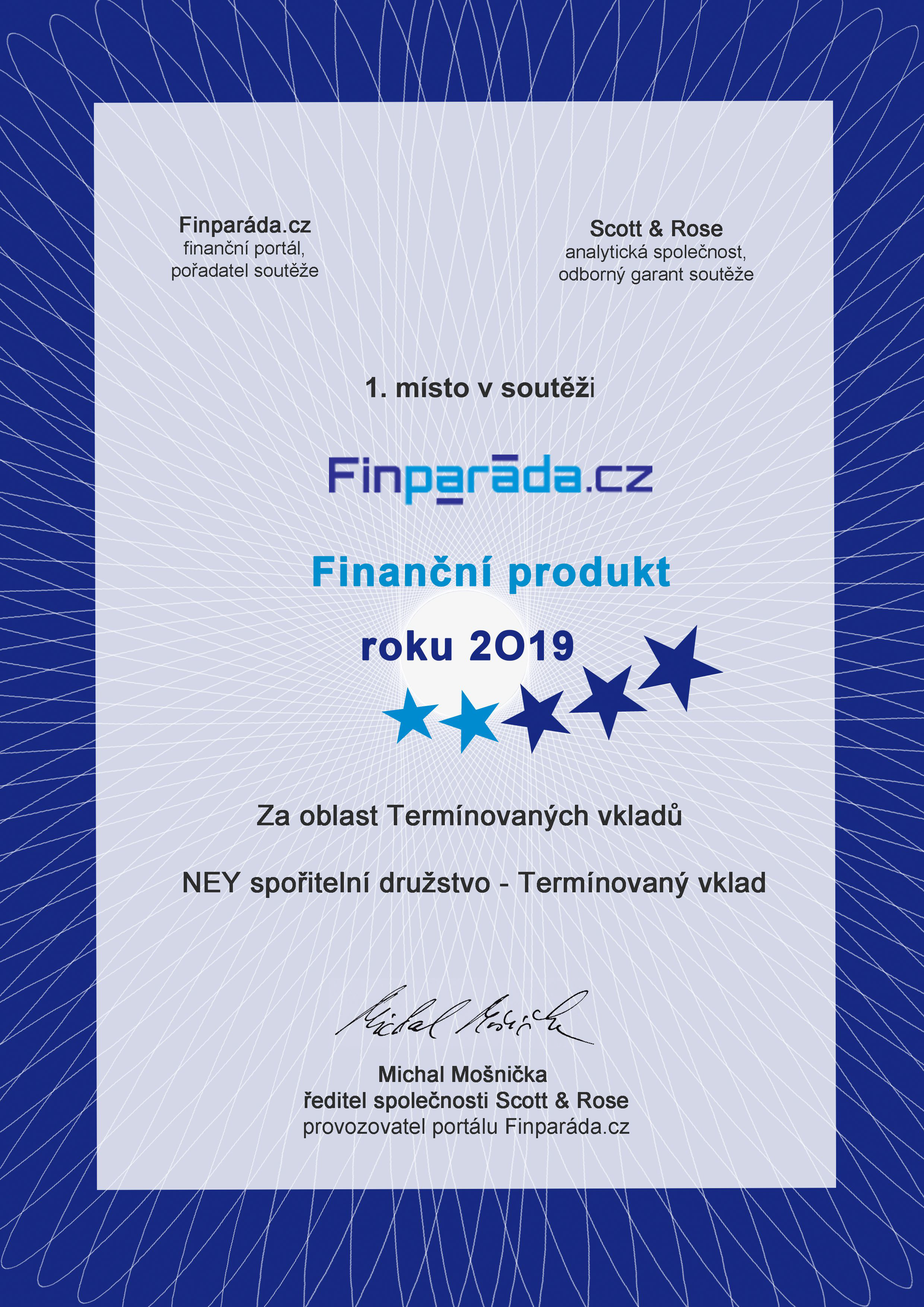 Certifikát Finparáda - Finanční produkt roku 2018